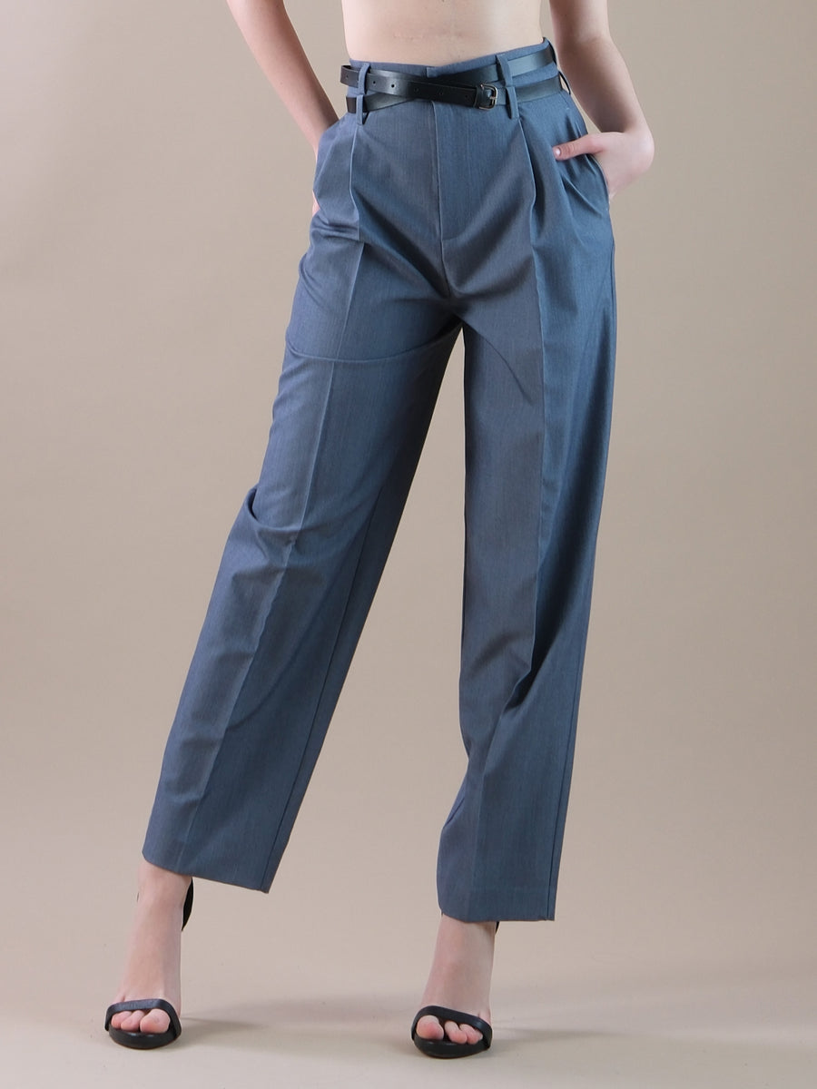 Pantaloni grigio-bluette dritti con cinturino e doppio passante