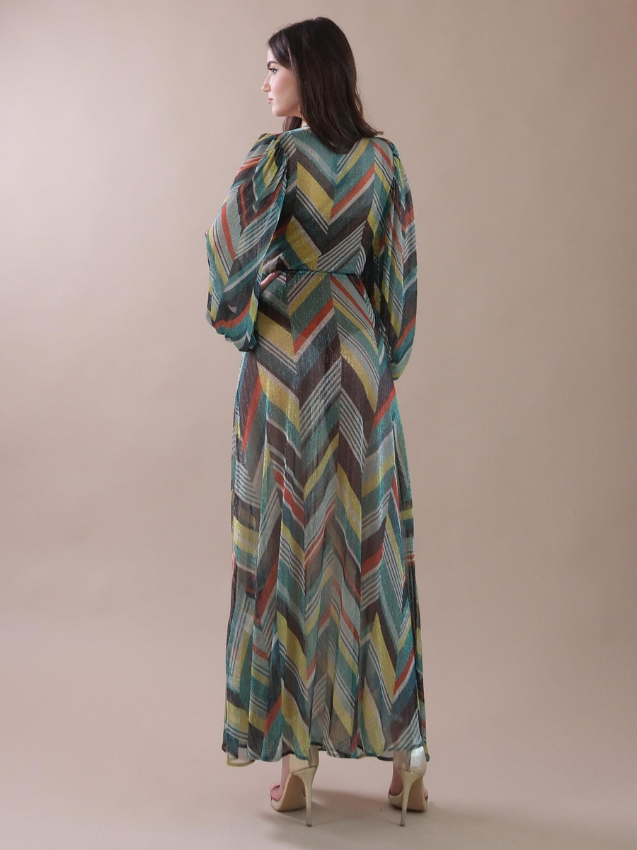 Kimono lungo a fantasia astratta con coulisse NPB4015 VERDE Bohemian V 