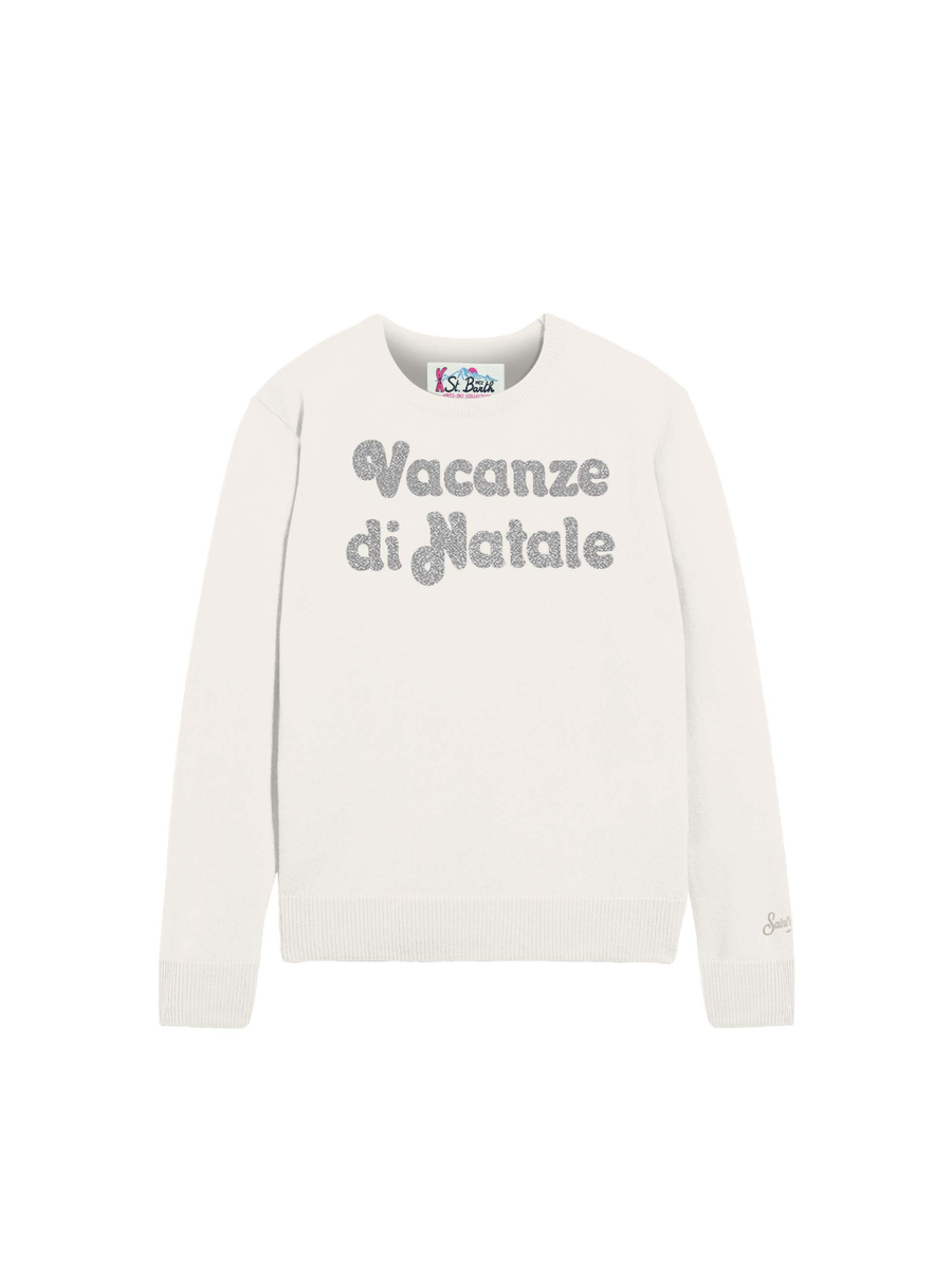 Maglione "18emb" Saint Barth bianco con scritta "Vacanze di Natale" QUE0010 00433I MC2 SAINT BARTH 