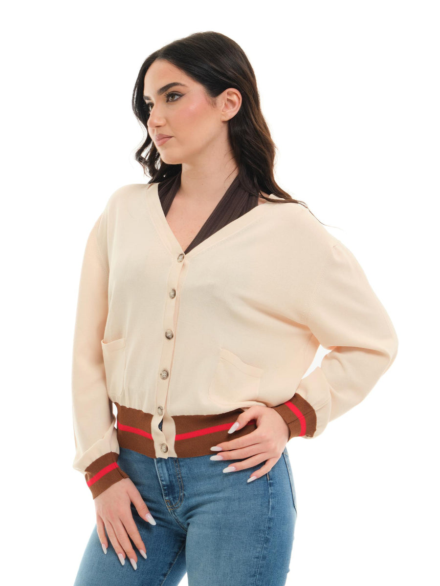Cardigan Vicolo panna con orlo a righe in contrasto 44029D PAN Vicolo 