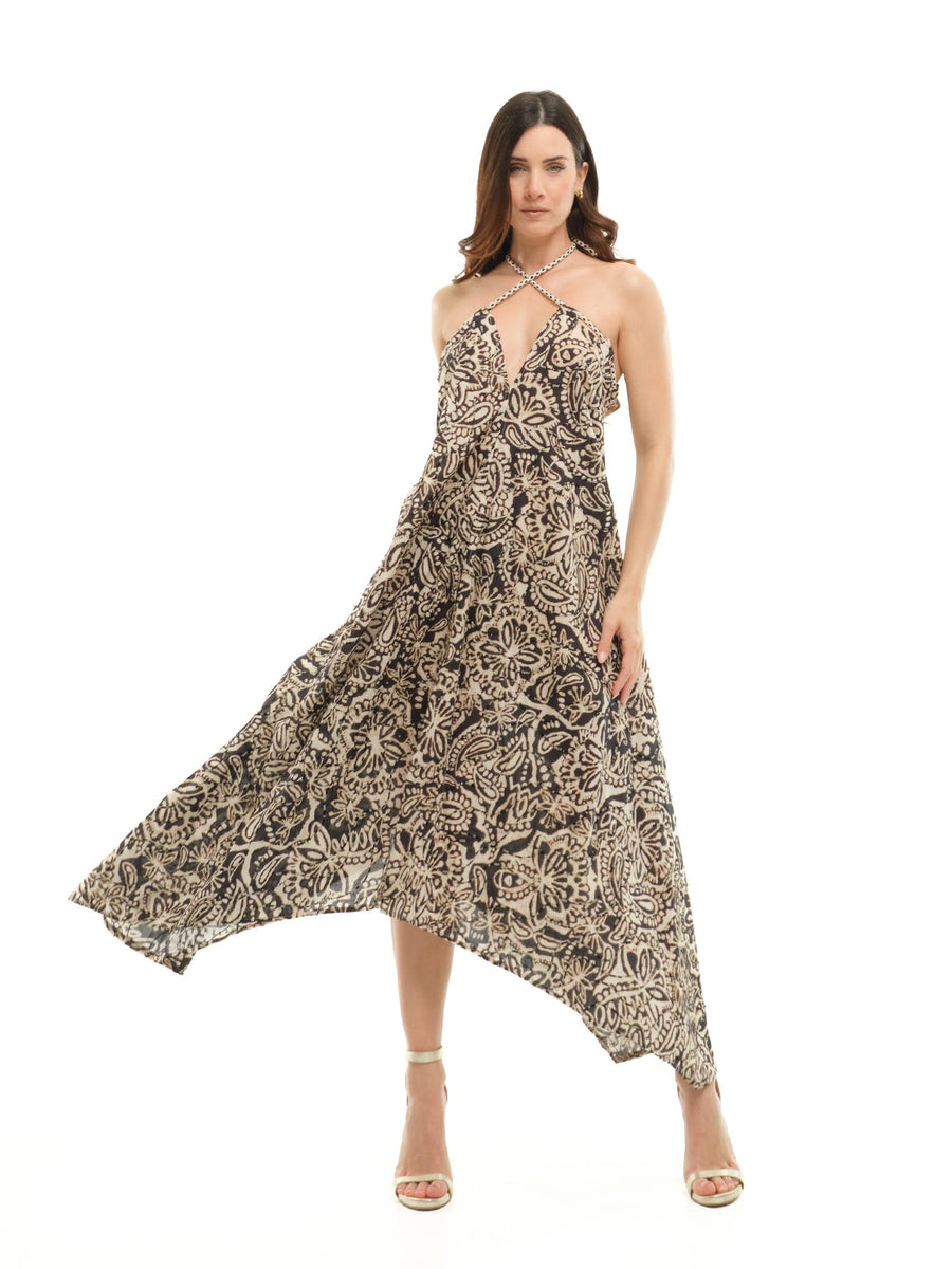 Abito lungo Dixie nero con fantasia etnica beige e paillettes AINGWUG NE Dixie 