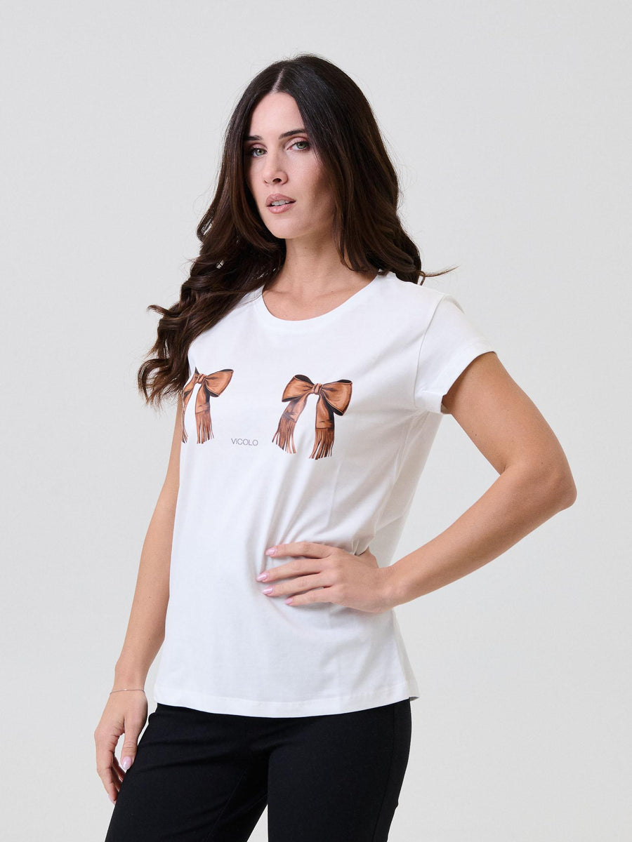 T-Shirt Vicolo bianca con stampa fiocchi marroni RF0435 UNI Vicolo 