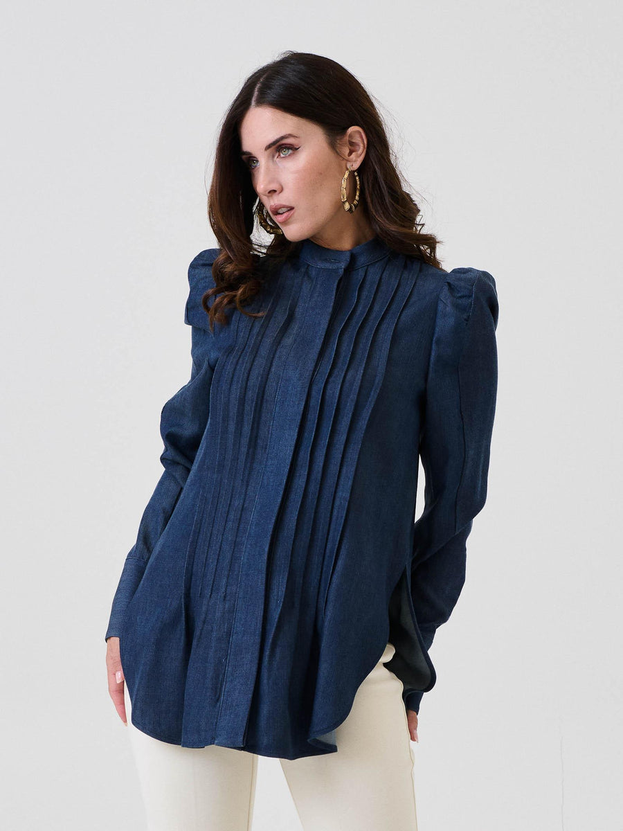 Camicia plissé Bohemian Vì in denim con colletto alla coreana CA277B BLUE Bohemian V 