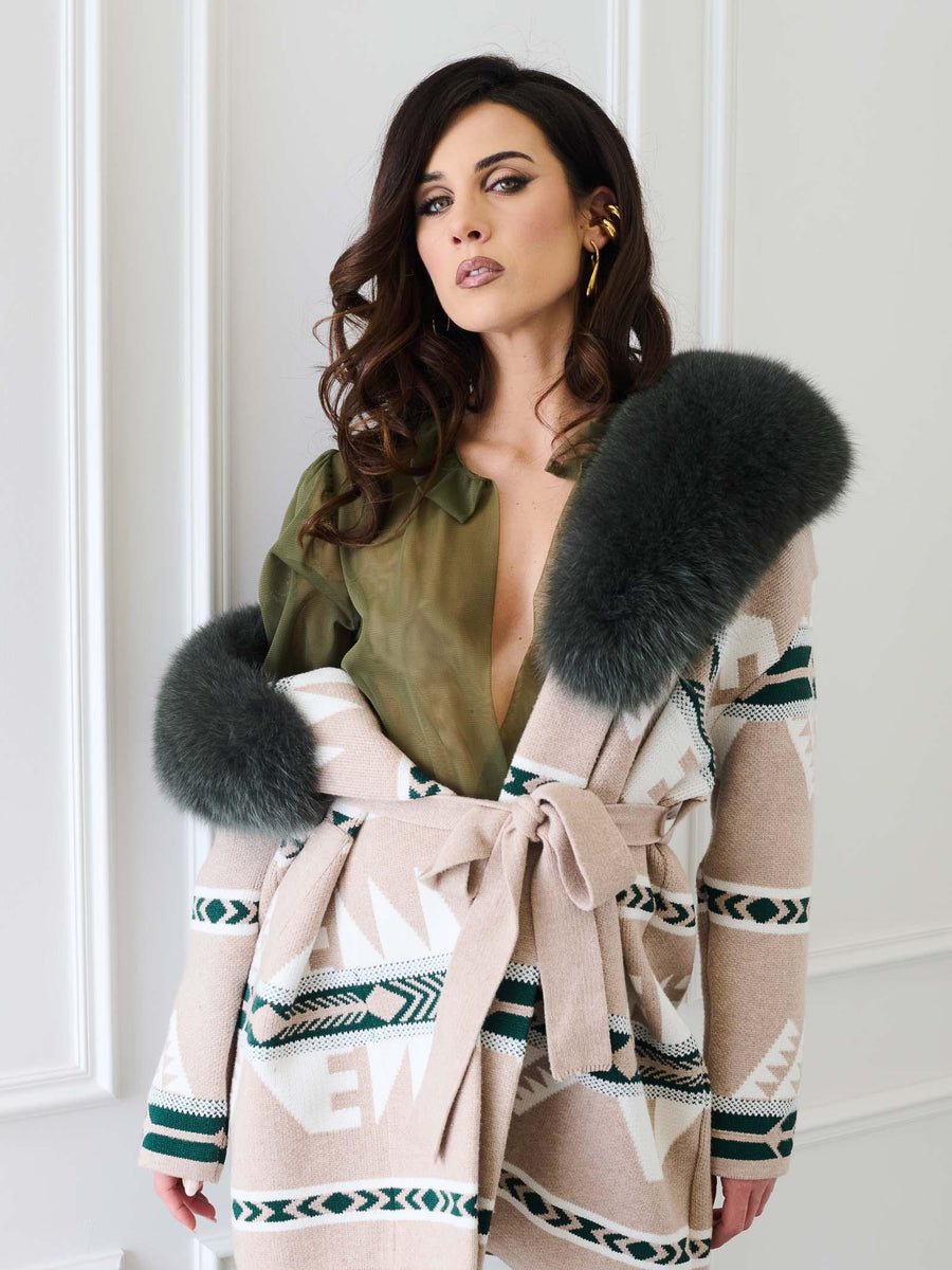 Cardigan Yes London verde e beige con collo in pelliccia volpe M15VO MILITARE Yes london 