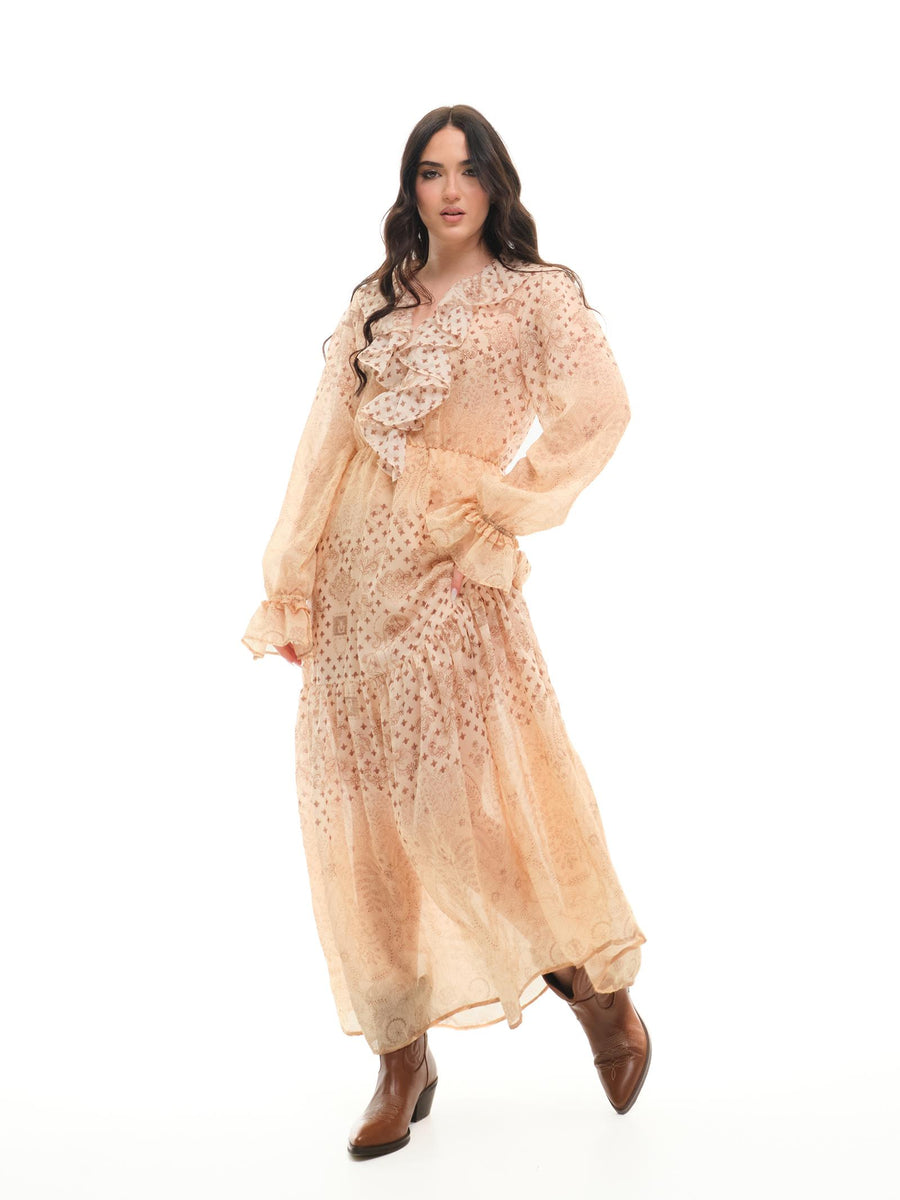 Abito lungo Vicolo beige paisley con rouches TD1783 BEI Vicolo 