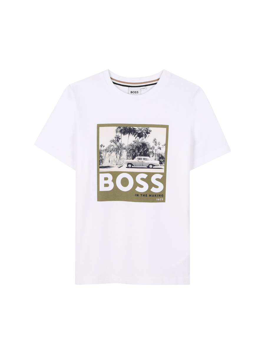 T-Shirt Boss bianca con stampa auto d'epoca e logo lettering J52032 673 Boss 