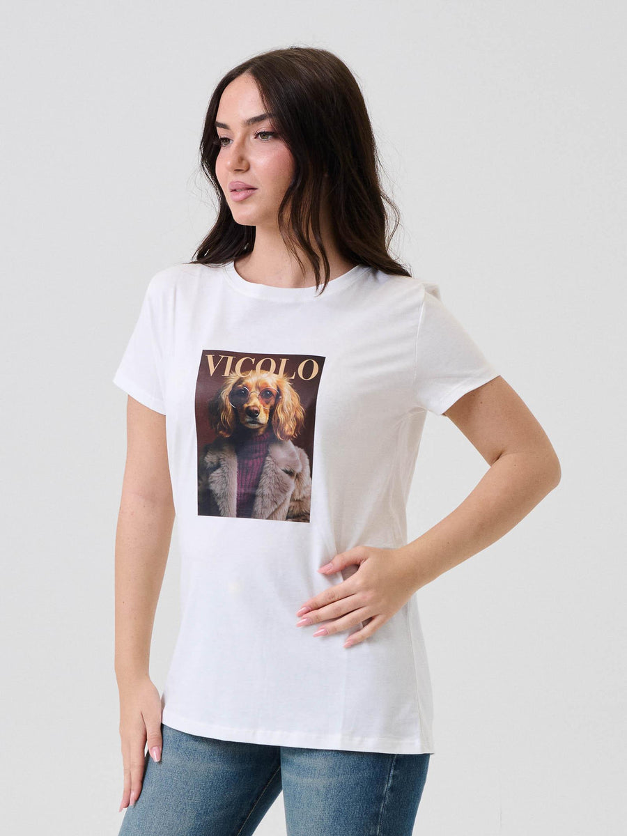 T-Shirt Vicolo bianca con stampa cane e logo lettering RF0282 BIA Vicolo 