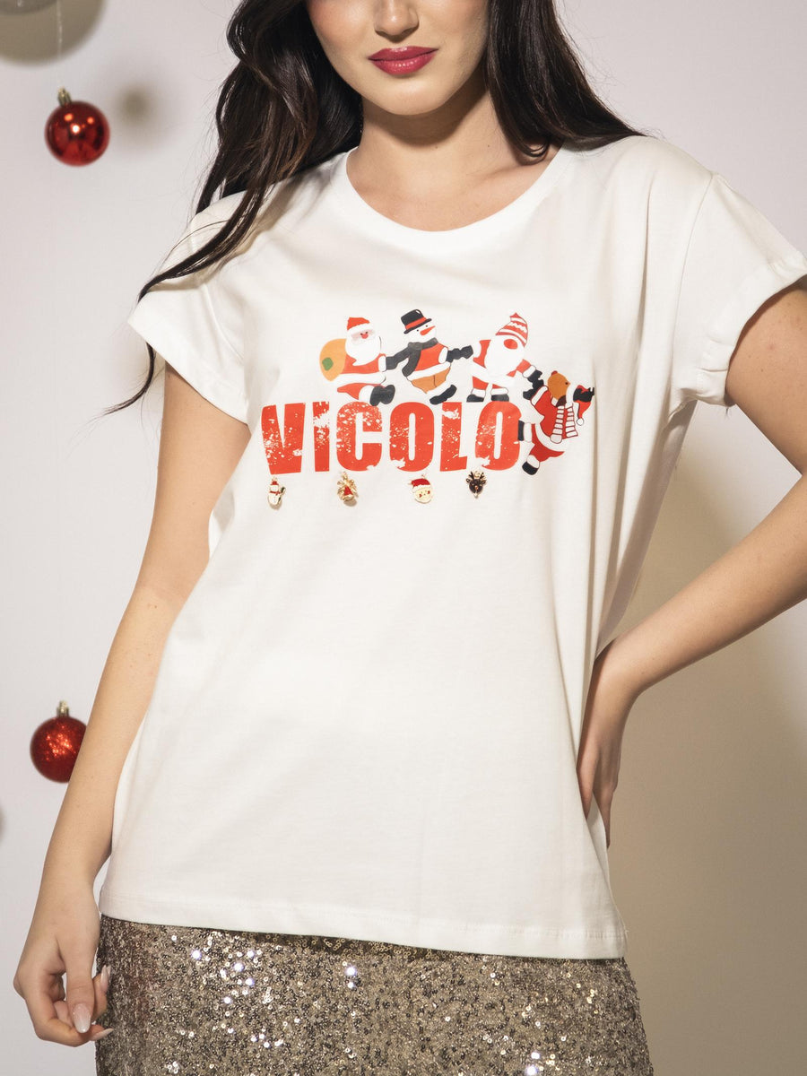 T-Shirt Vicolo bianca con stampa natalizia e charm decorativi RS0488 UNI Vicolo 