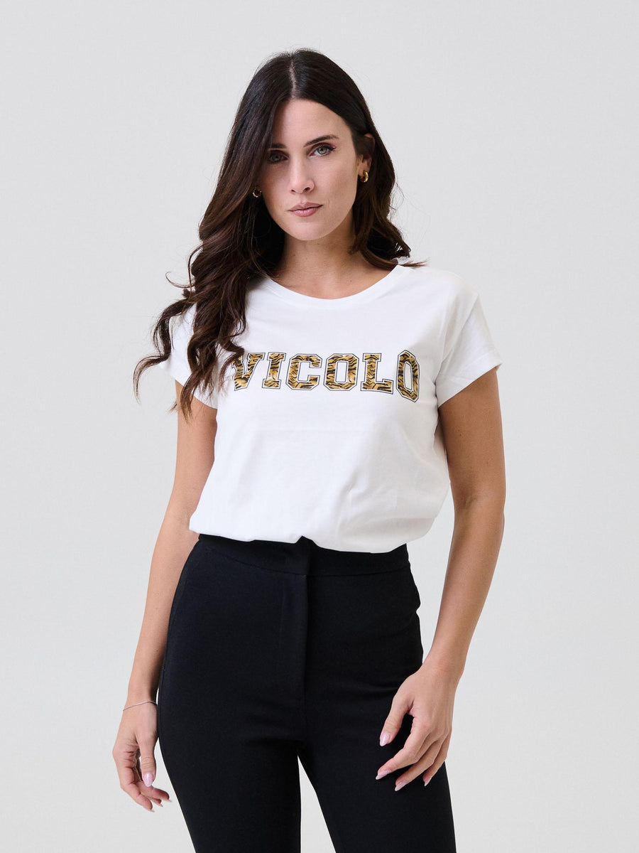 T-Shirt Vicolo bianca con stampa logo in animalier RF0437 UNI Vicolo 