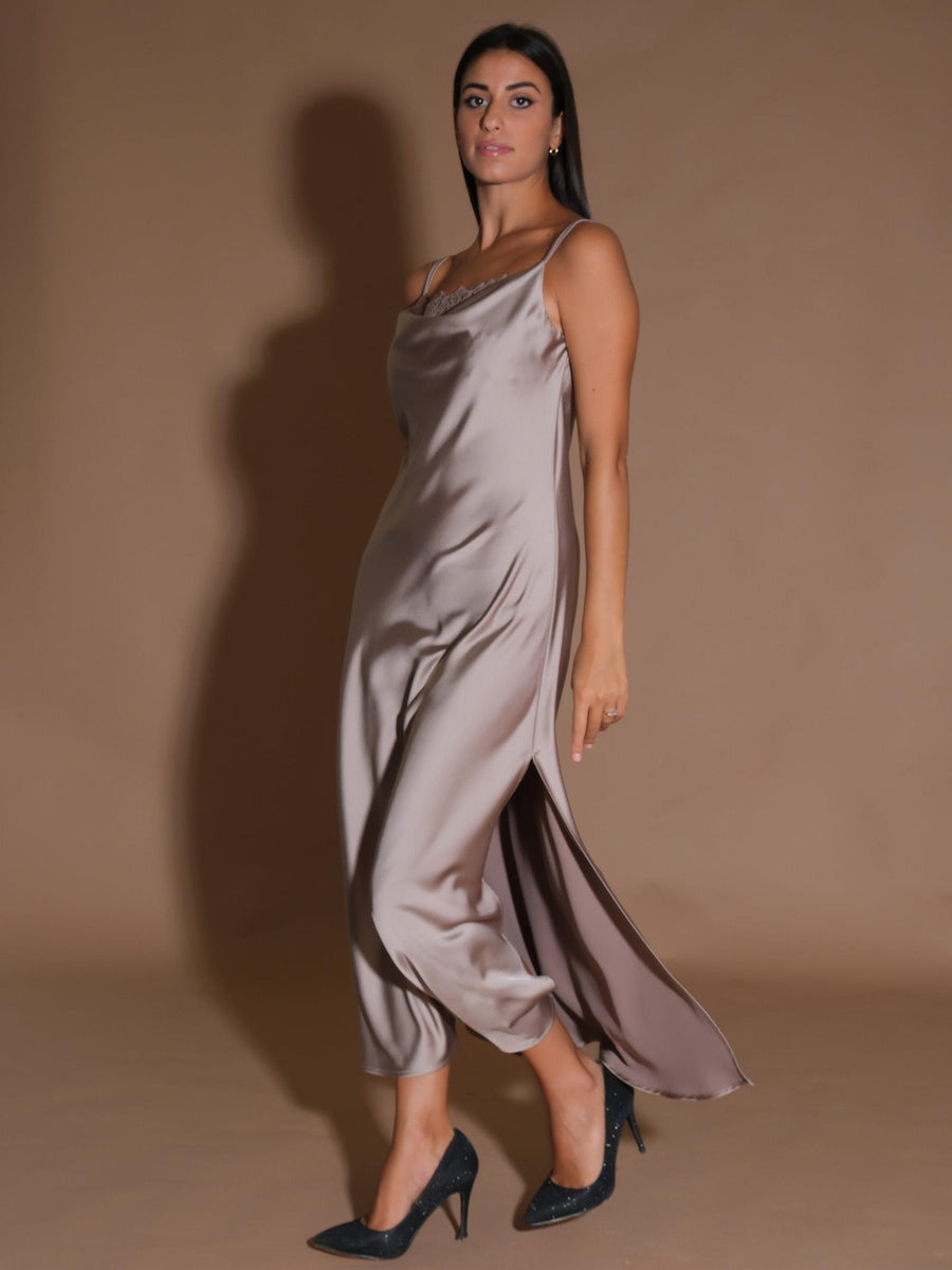 Abito lungo in raso tortora AEASGBA CASCIA Imperial 