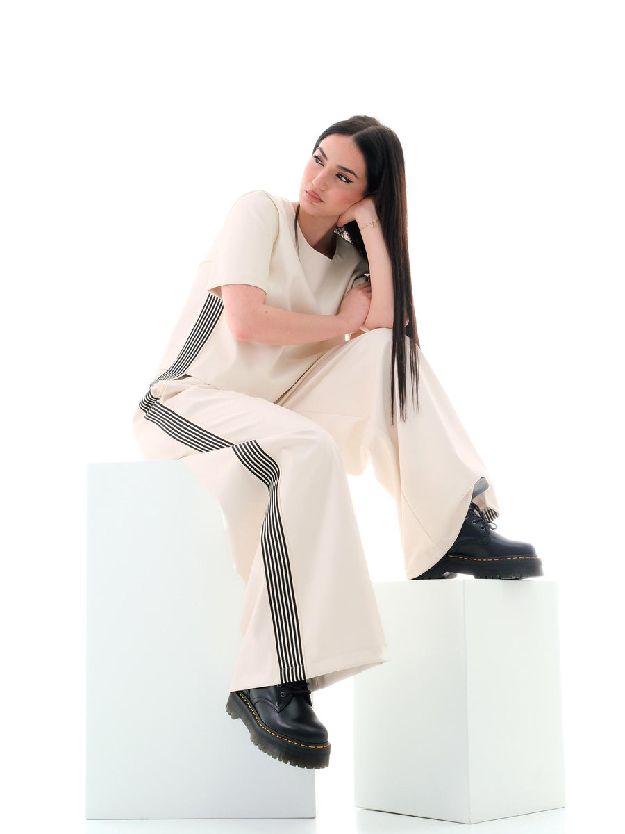 Pantalone Vicolo in ecopelle bianco con bande nere TD0777 BIA Vicolo 