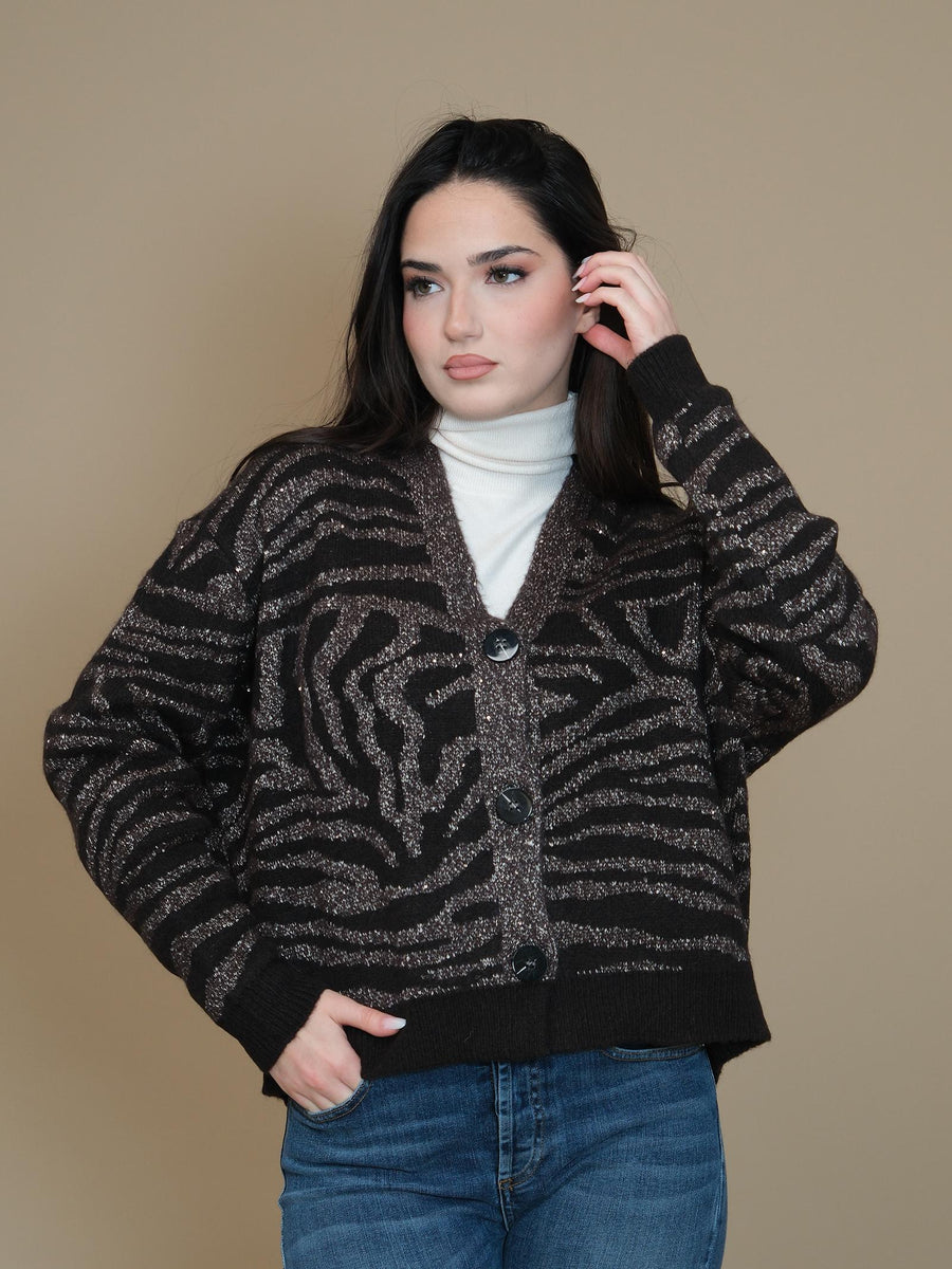 Cardigan Vicolo marrone con motivi zebrati effetto glitterato 77175S MARR Vicolo 