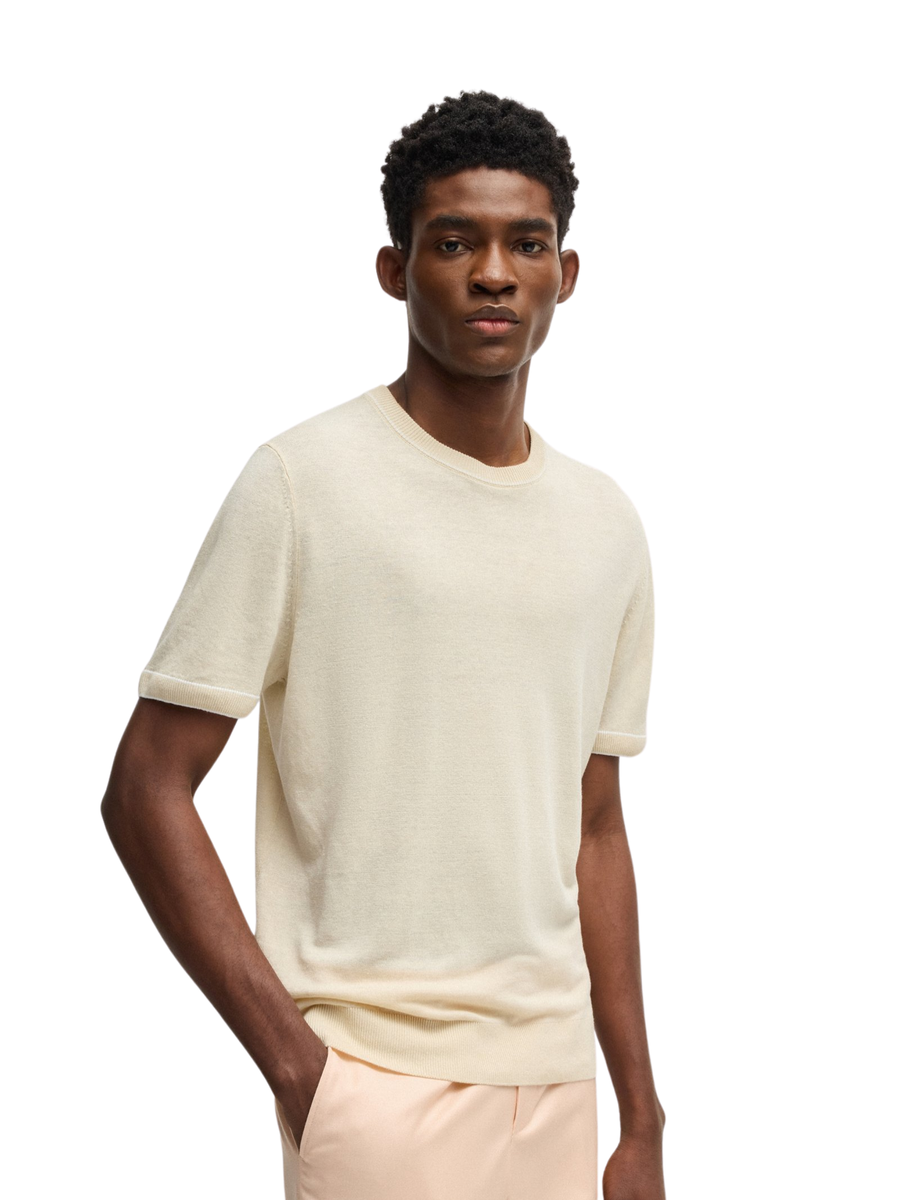 Maglia Boss naturale in misto lino con profili 50537639 100 Boss 