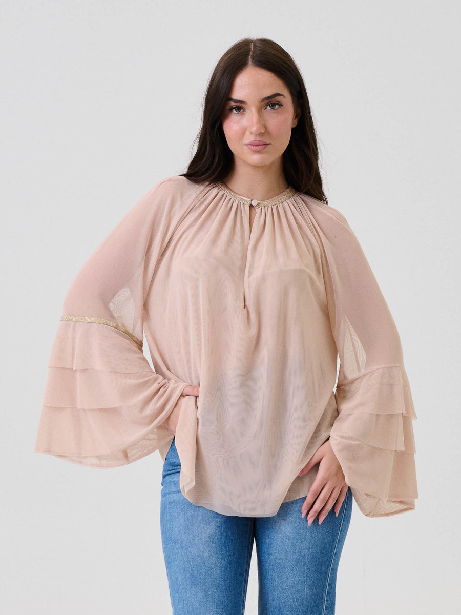 Blusa con maniche a balze Pho Firenze rosa e dettagli in lurex 4324096 NUDE PHO FIRENZE 