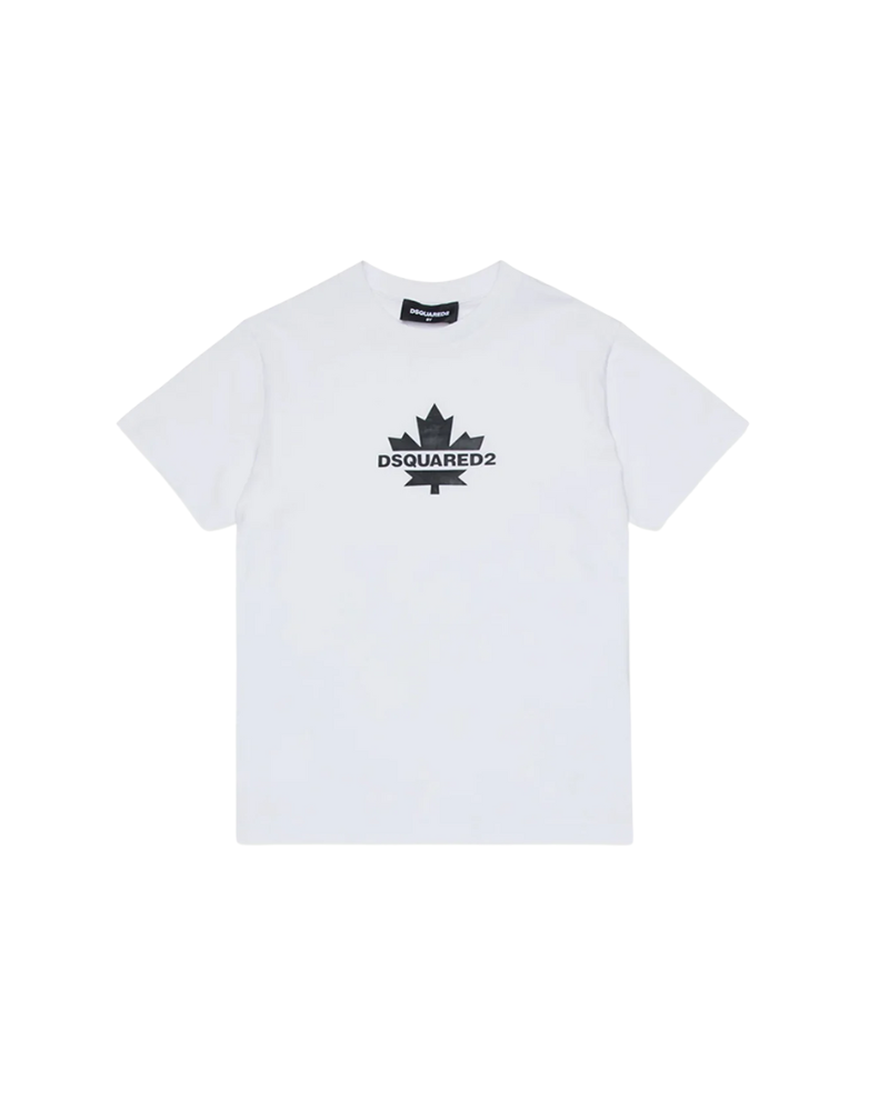 T-Shirt a mezze maniche Dsquared bianca con foglia d'acero e logo nero DQ2743 DQ100 Dsquared 