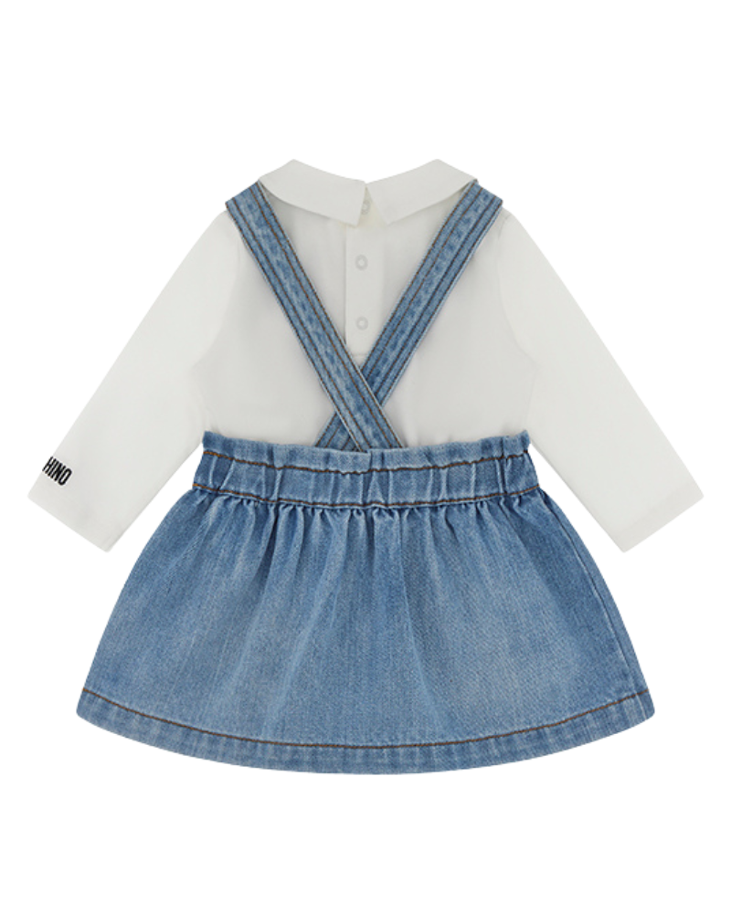 Salopette con body Moschino azzurro e bianco con maxi orsetto frontale MDK039 40059 Moschino 