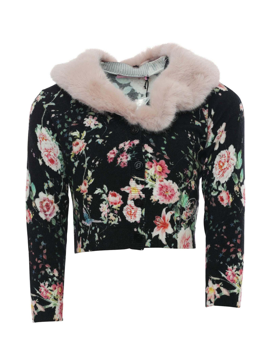 Cardigan floreale con pelliccia IF2053MAB01 B4013 Miss Blumarine 
