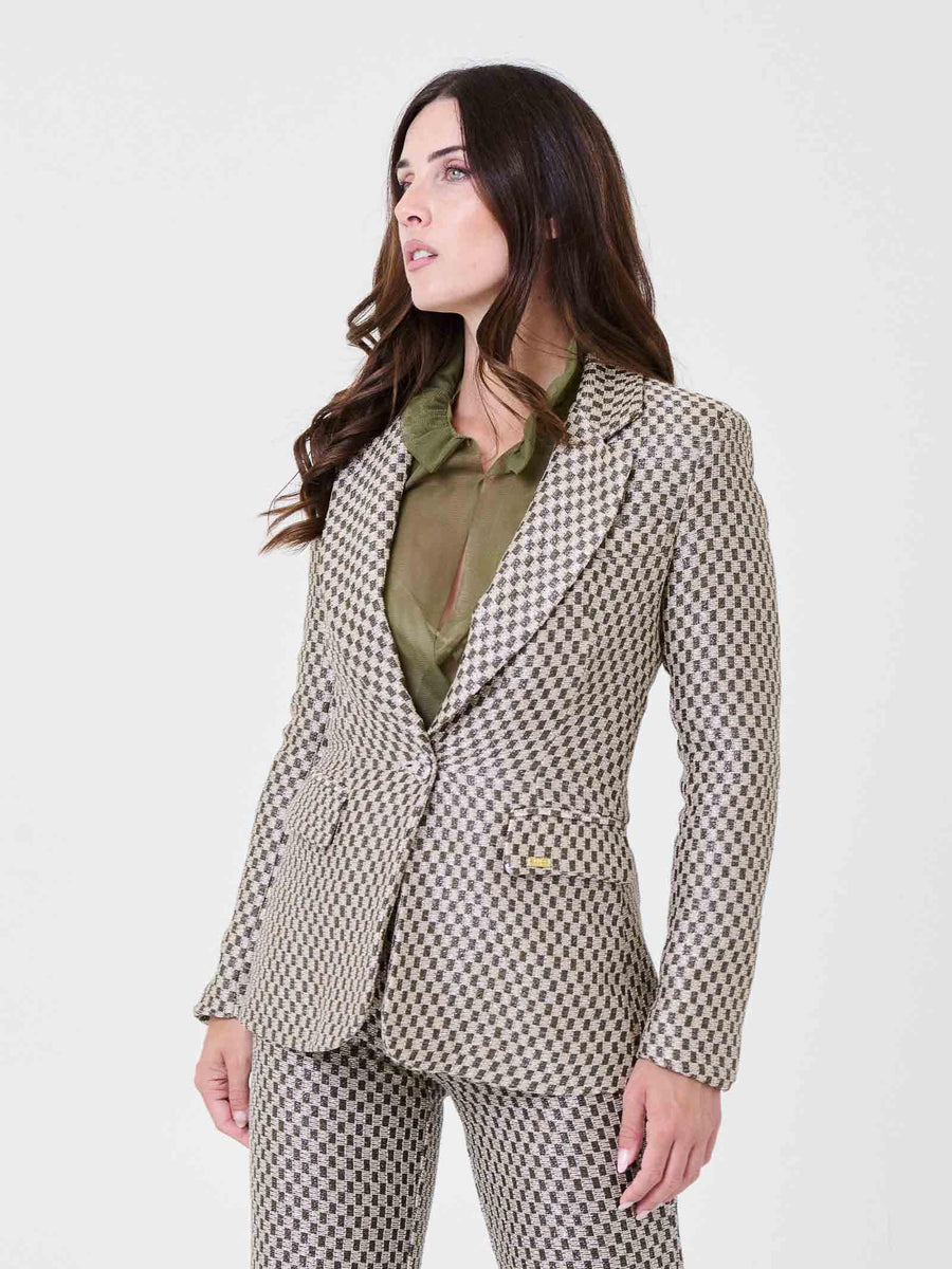 Giacca monopetto Pho Firenze rosa e verde con scacchi e filo lurex 4324069 LUXURY PHO FIRENZE 