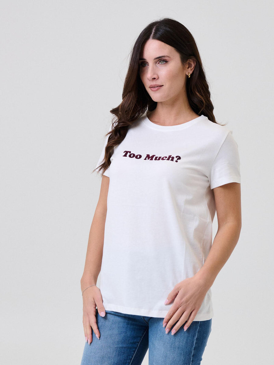 T-Shirt Vicolo bianca con stampa "Too Much?" in velluto prugna RF0351 UNI Vicolo 