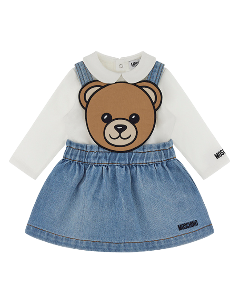 Salopette con body Moschino azzurro e bianco con maxi orsetto frontale MDK039 40059 Moschino 