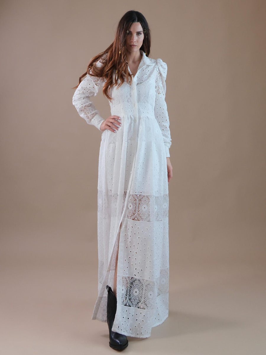 Abito chemisier lungo bianco traforato AB108 BIANCO Bohemian V 