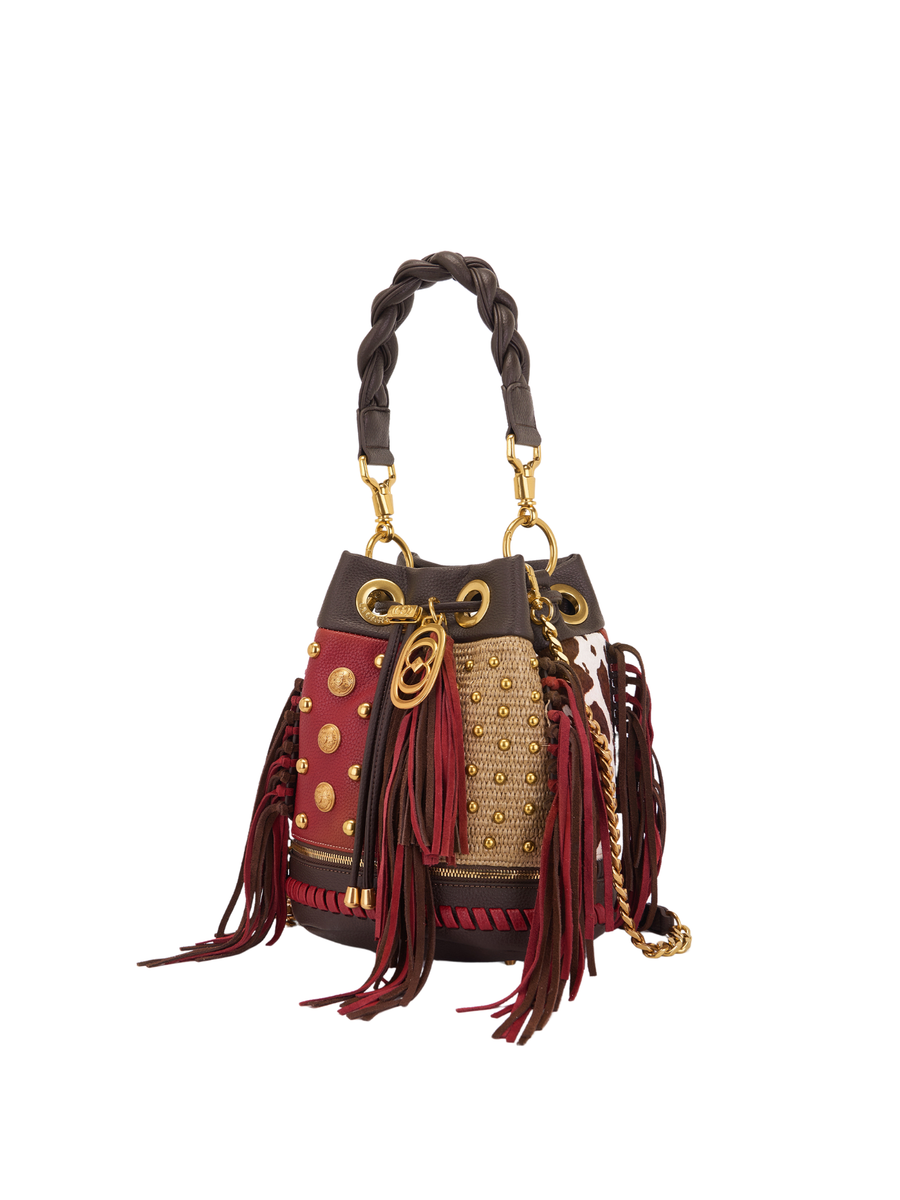 Borsa a secchiello La Carrie Bag marrone intrecciata con borchie 151MEM118SHR MUBR La Carrie Bag 