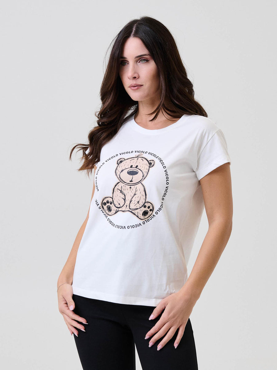T-Shirt Vicolo bianca con stampa teddy e logo ripetuto circolare RF0386 BIANCO Vicolo 