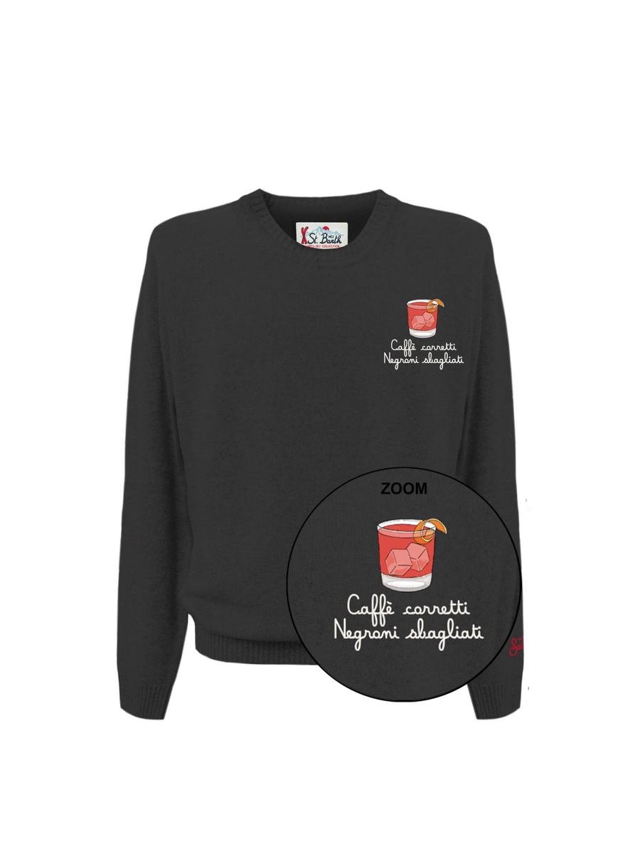 Maglione "11" Saint Barth nero con scritta "Caffè, cornetti, negroni sbagliati" HER0024 00572I MC2 SAINT BARTH 