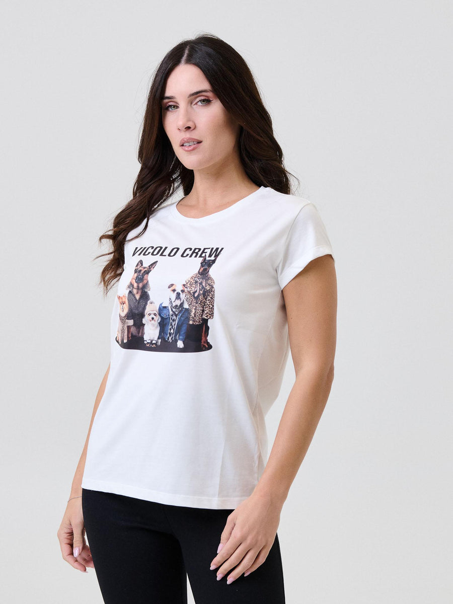 T-Shirt Vicolo bianca con stampa "Vicolo crew" con cani RF0445 UNI Vicolo 