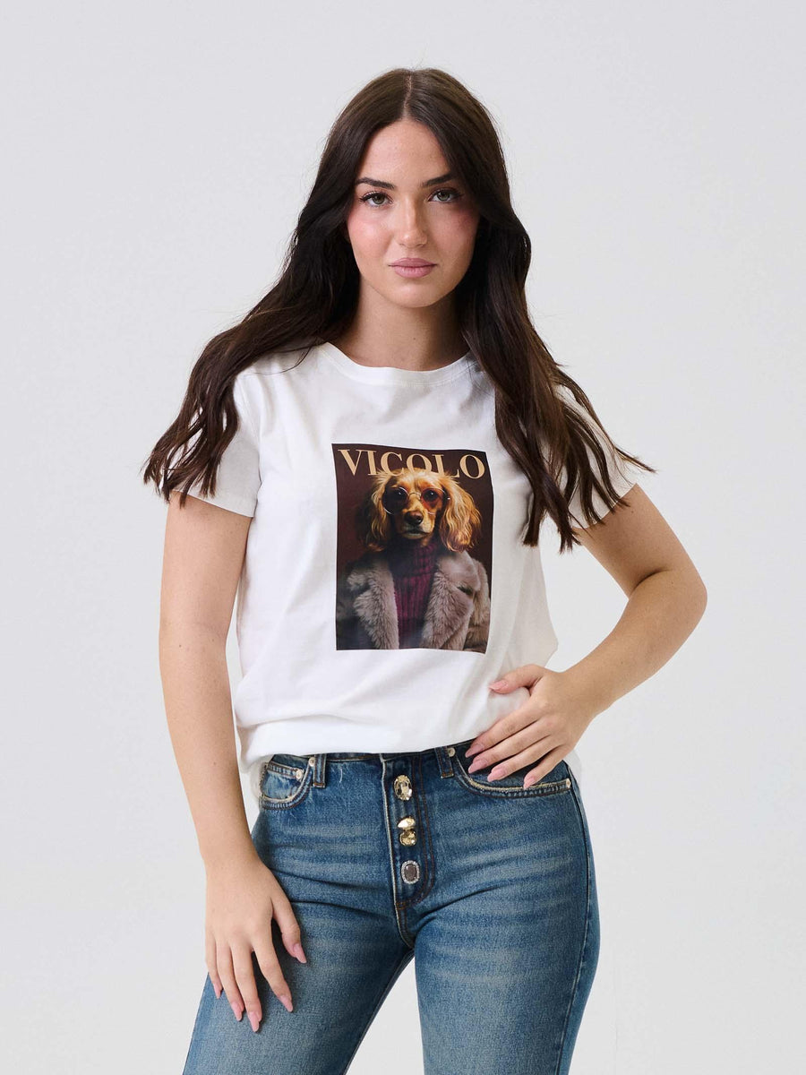 T-Shirt Vicolo bianca con stampa cane e logo lettering RF0282 BIA Vicolo 