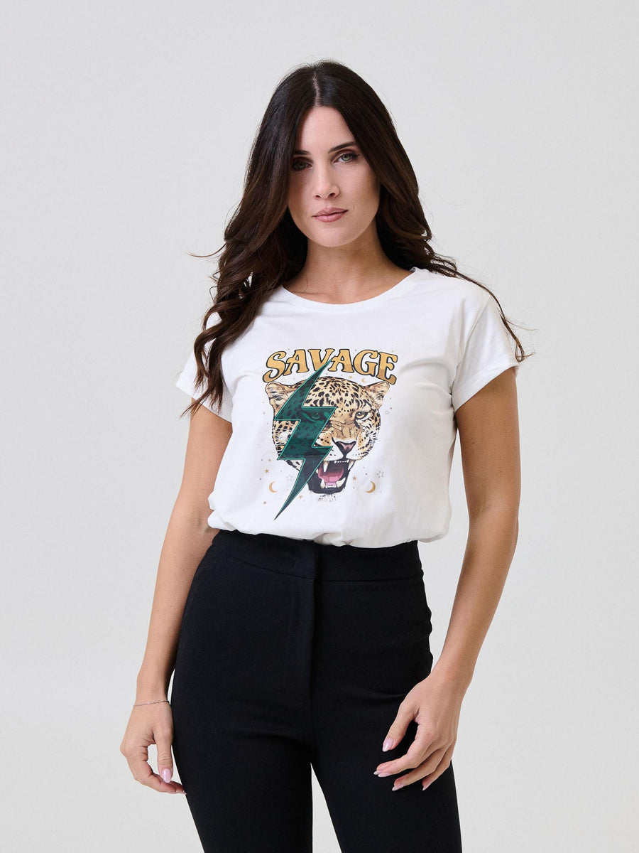 T-Shirt Vicolo bianca con stampa tigre con scritta "Savage" RF0444 UNI Vicolo 