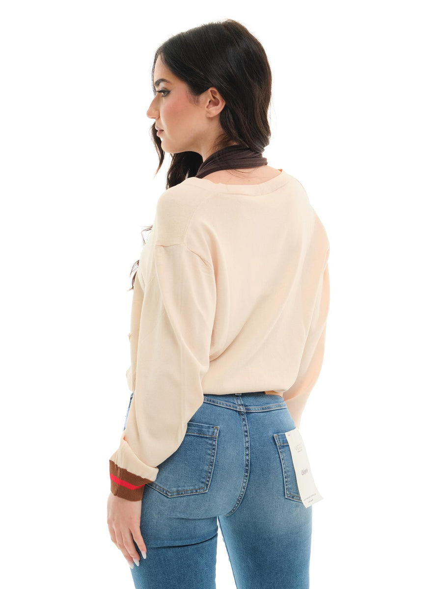 Cardigan Vicolo panna con orlo a righe in contrasto 44029D PAN Vicolo 