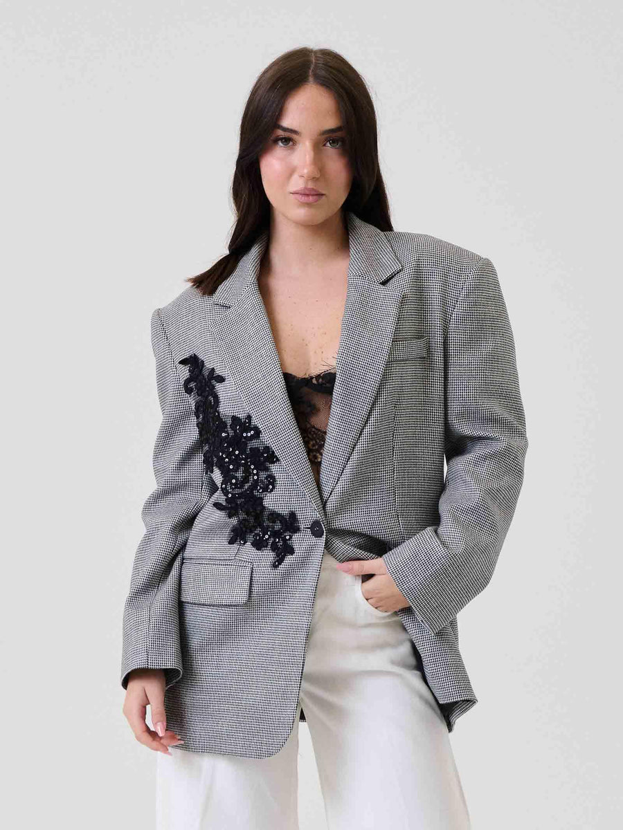 Blazer pied de poule Haveone grigio con applicazione in pizzo JGEP030 UNI Haveone 
