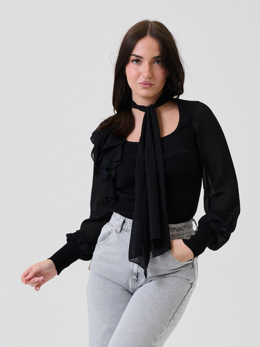 Maglia a costine Haveone nera con volant su spalla e foulard sul collo MMOP087 NERO Haveone 