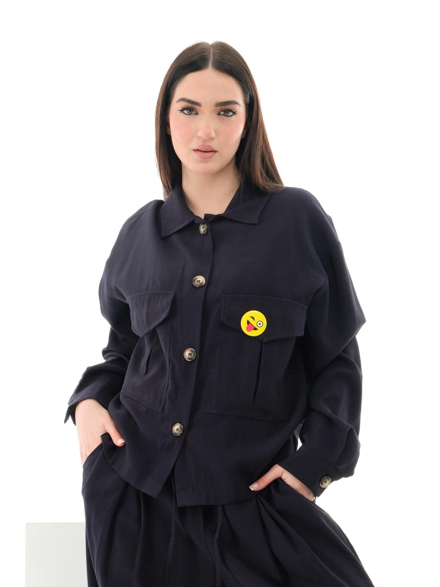 Camicia Vicolo blu navy con tasconi frontali e spilla emoticon TD1078 BLU Vicolo 