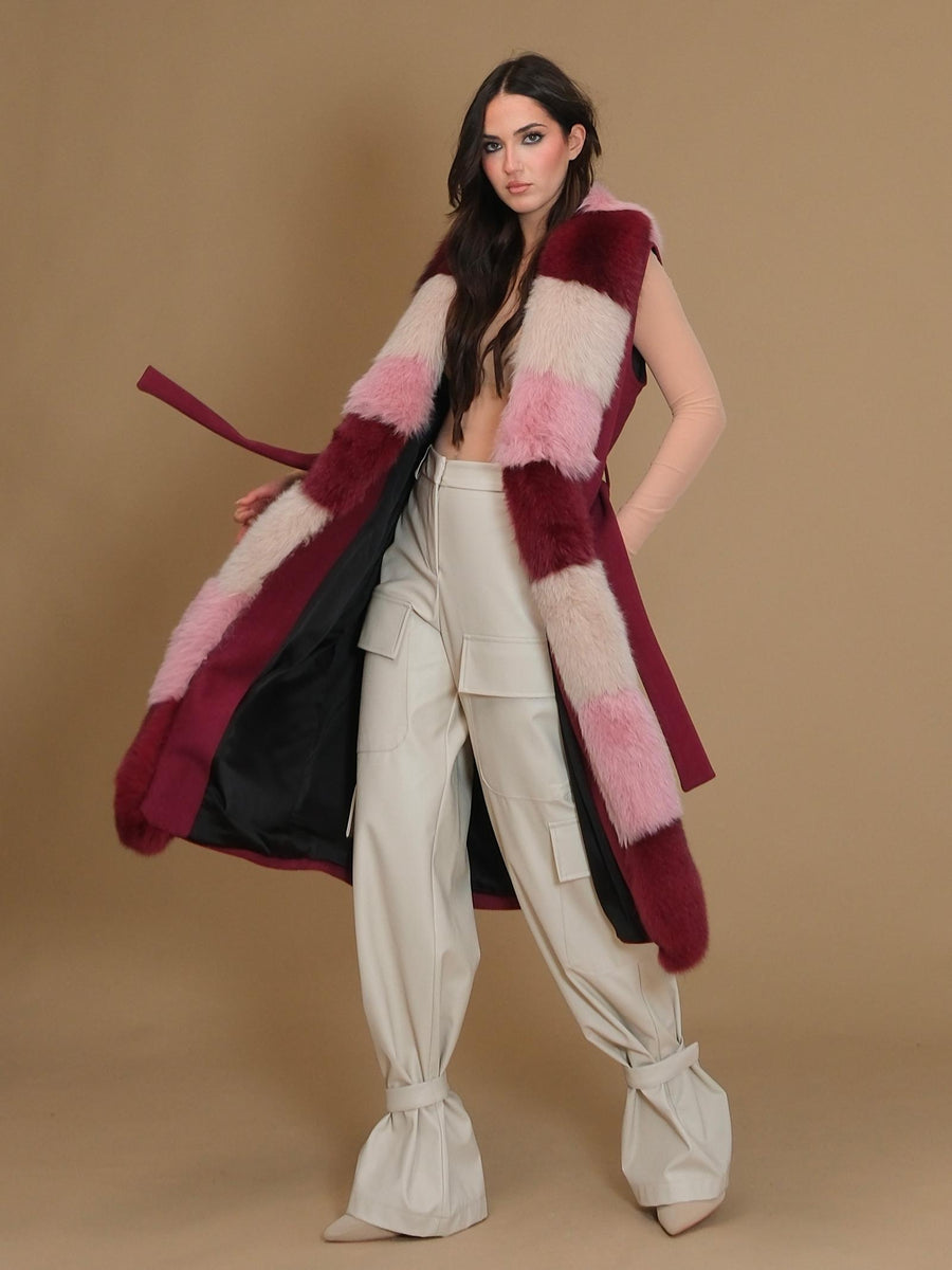 Cappotto lungo smanicato Yes London bordeaux con pelliccia multicolor CD1188VO BDX Yes london 