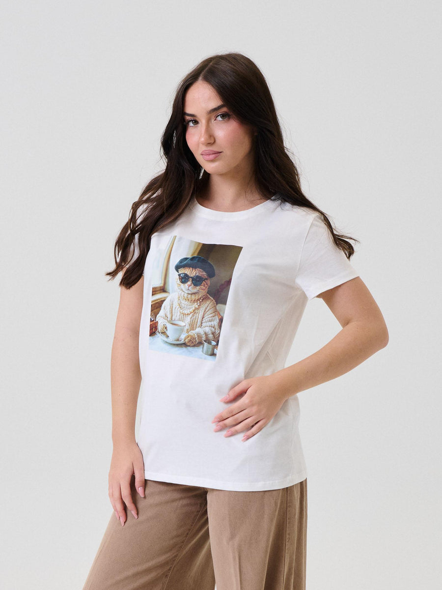 T-Shirt Vicolo bianca con stampa gattino con cappello e occhiali RF0284 BIA Vicolo 