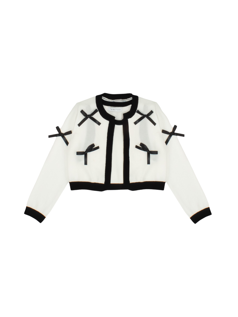 Cardigan in filo Tobetoo bianco con fiocchi e profili neri 317MTBS25 LATTE/NERO Tobetoo 