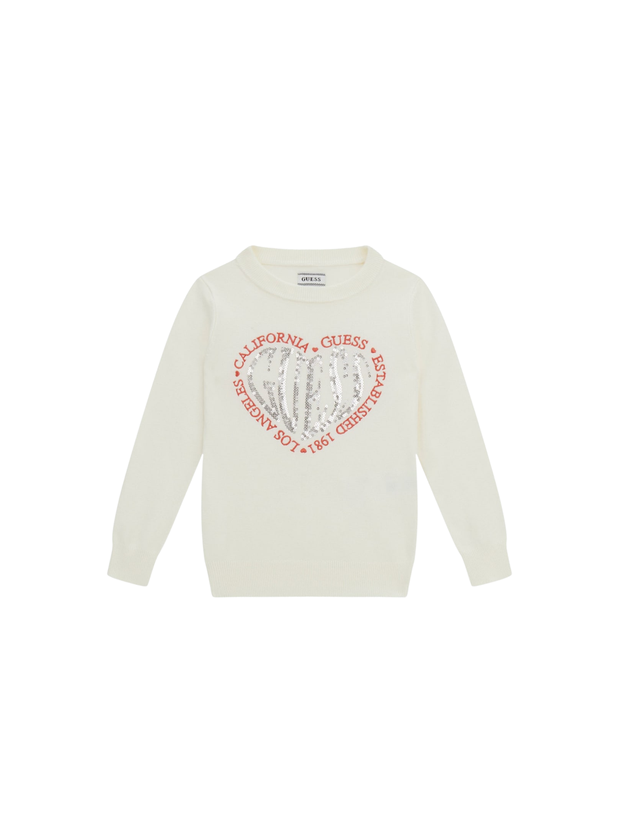 Maglioncino Guess bianco con cuore paillettes e scritta rossa K5YR08Z2NQ2 G012 Guess 