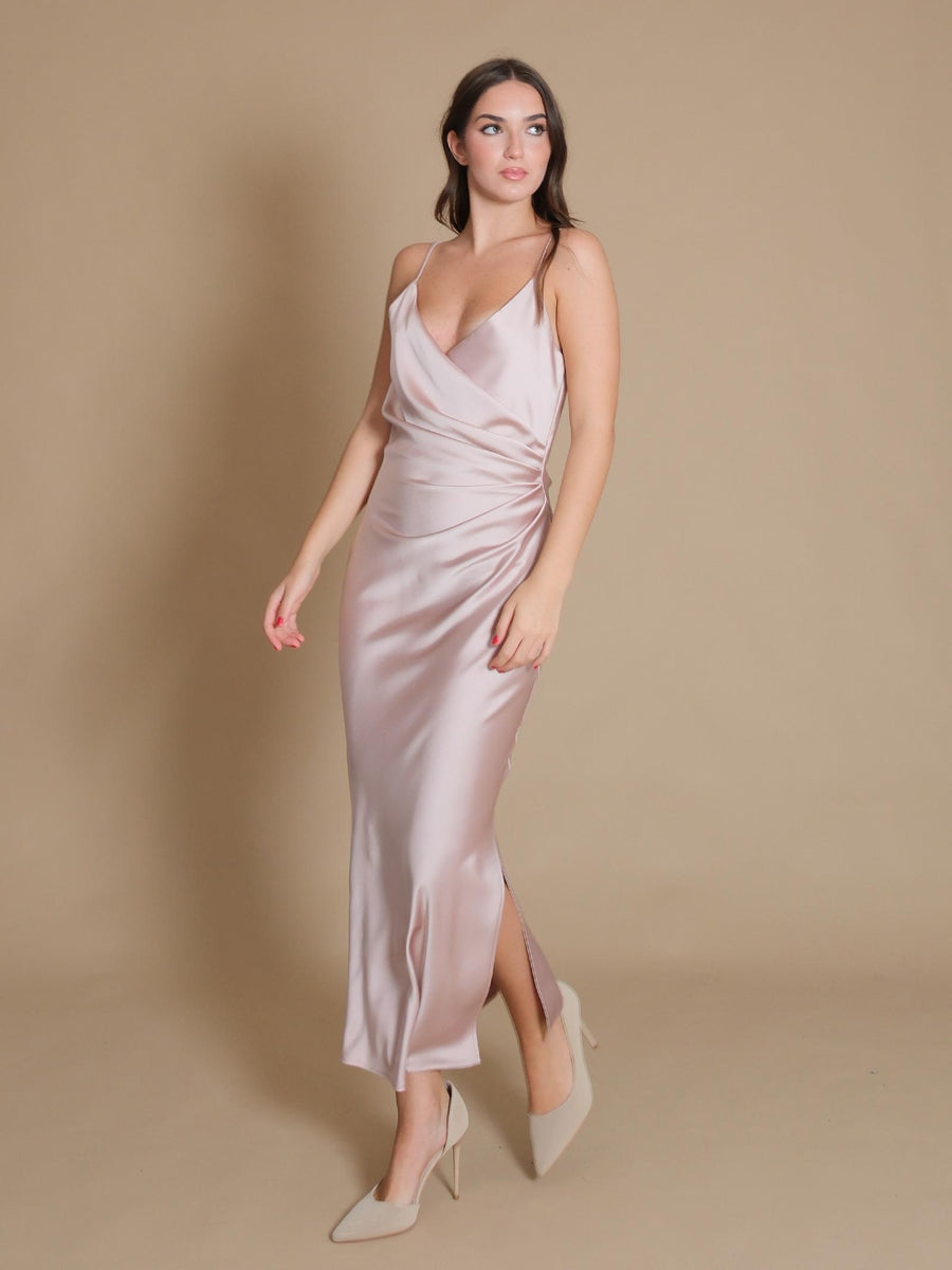 Abito Imperial rosa quarzo con drappeggio laterale AB5MIBA QUARZO Imperial 