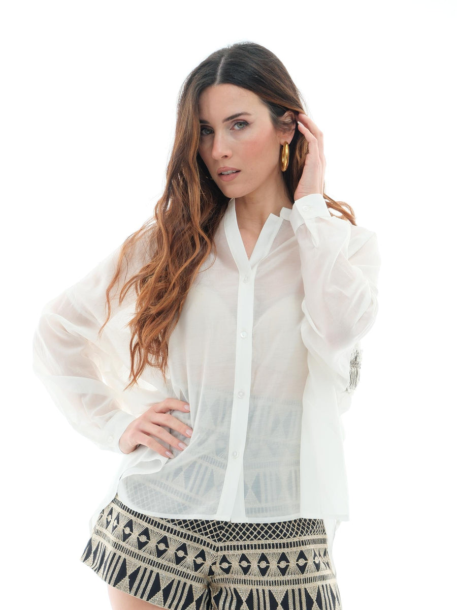 Camicia lunga Bohemian Vì bianca con dettaglio frange CA208 OFF WHI Bohemian V 