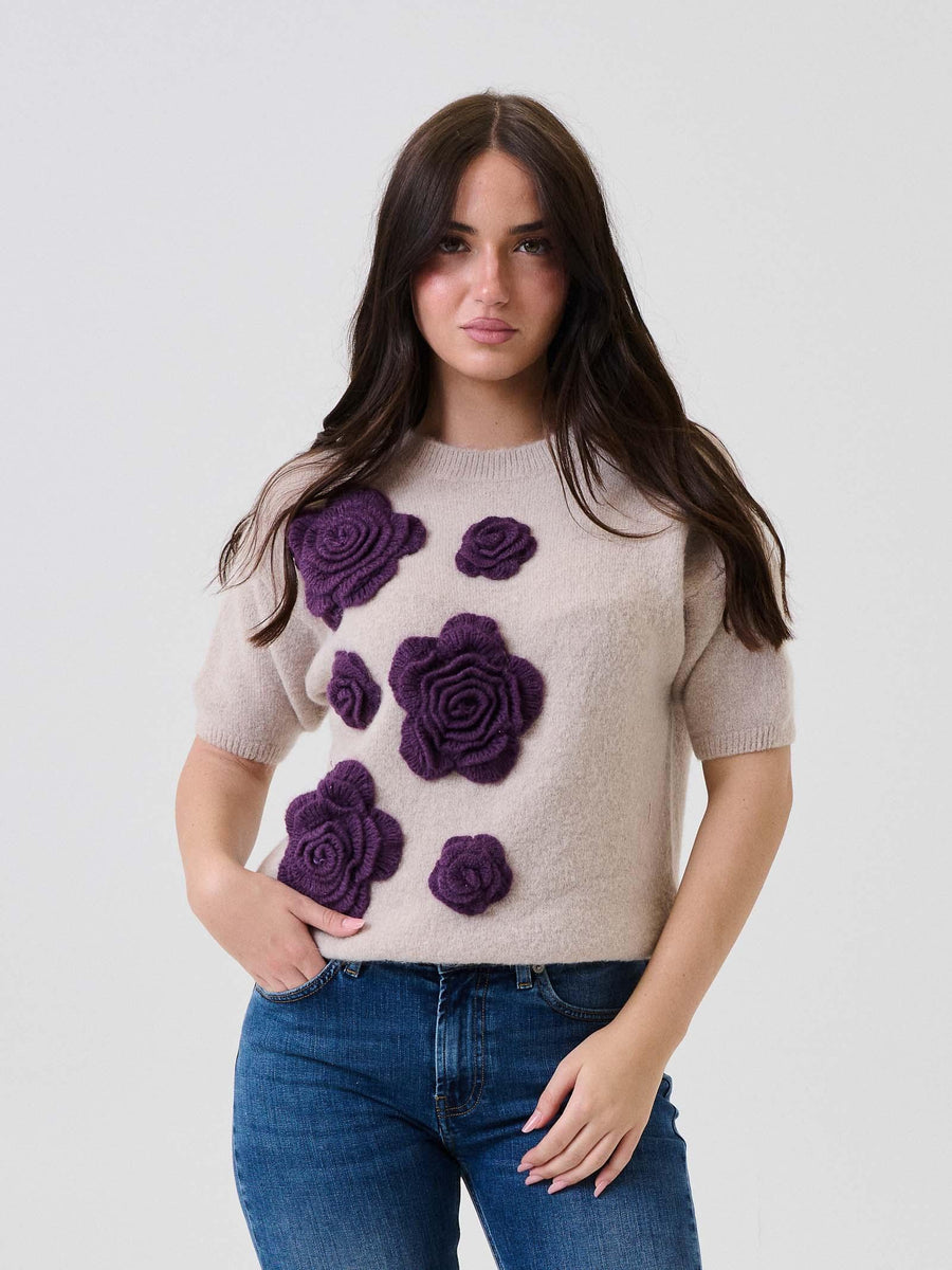Maglia a mezze maniche Pho Firenze in lana beige con fiori viola in 3D 4324014 NUDE/BERRY PHO FIRENZE 