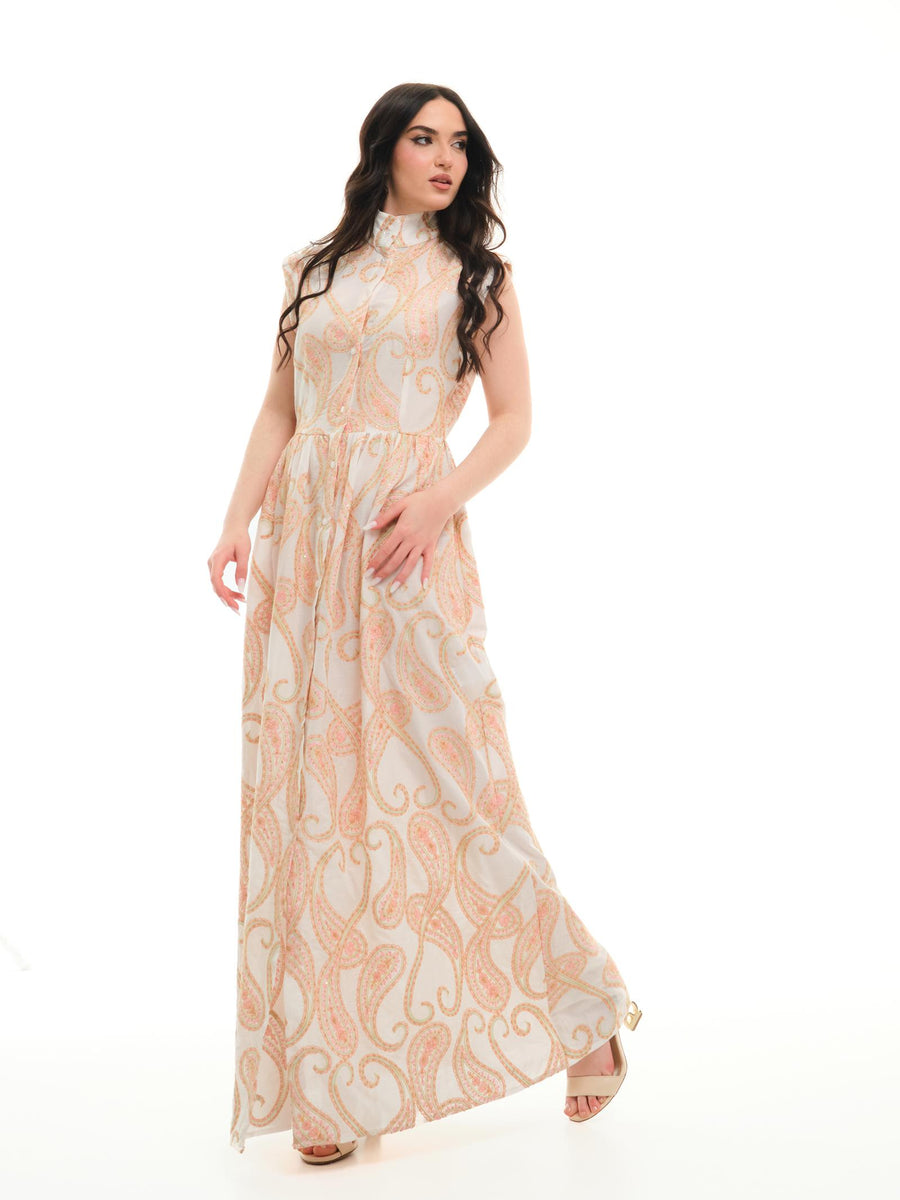 Abito senza maniche Bohemian Vì bianco e rosa con ricamo paisley AB182 UNI Bohemian V 