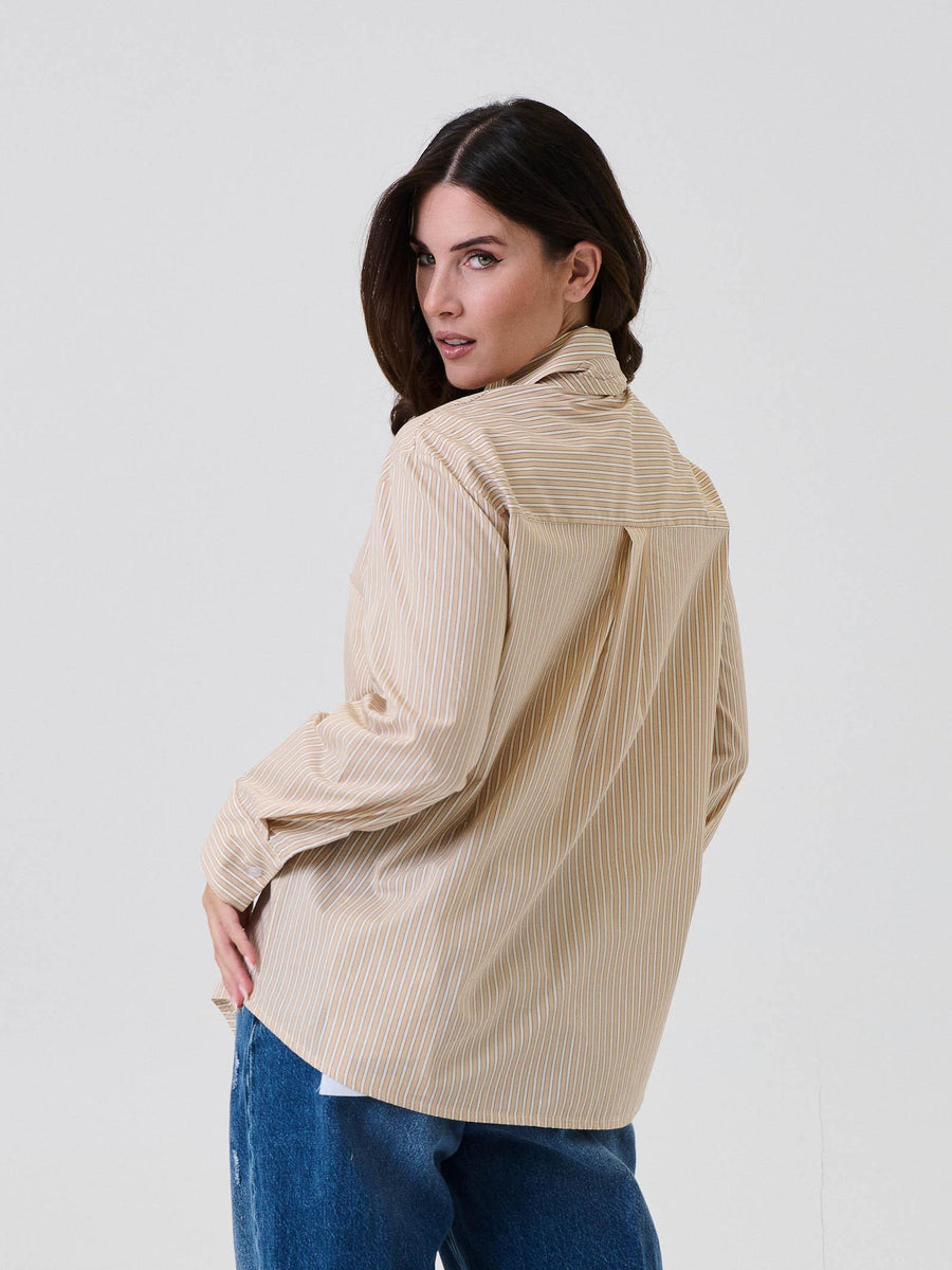 Camicia a righe Vicolo beige con maxi fiocco e dettaglio spilla TF1024 BEIGE Vicolo 