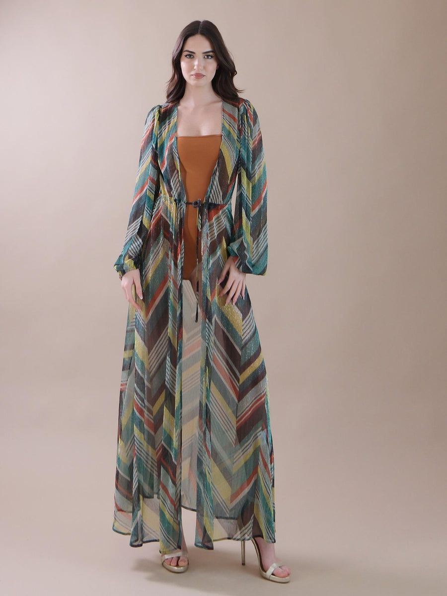 Kimono lungo a fantasia astratta con coulisse NPB4015 VERDE Bohemian V 