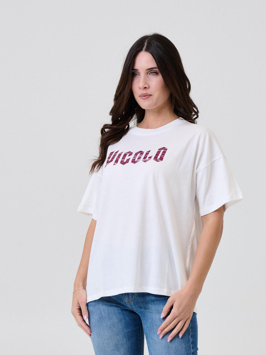 T-Shirt over Vicolo bianca con stampa "Vicolo" effetto used RF0257 BIA Vicolo 