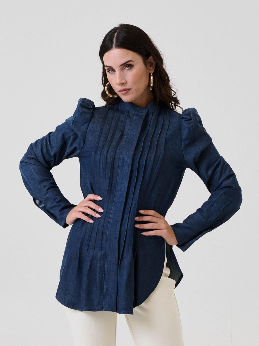 Camicia plissé Bohemian Vì in denim con colletto alla coreana CA277B BLUE Bohemian V 