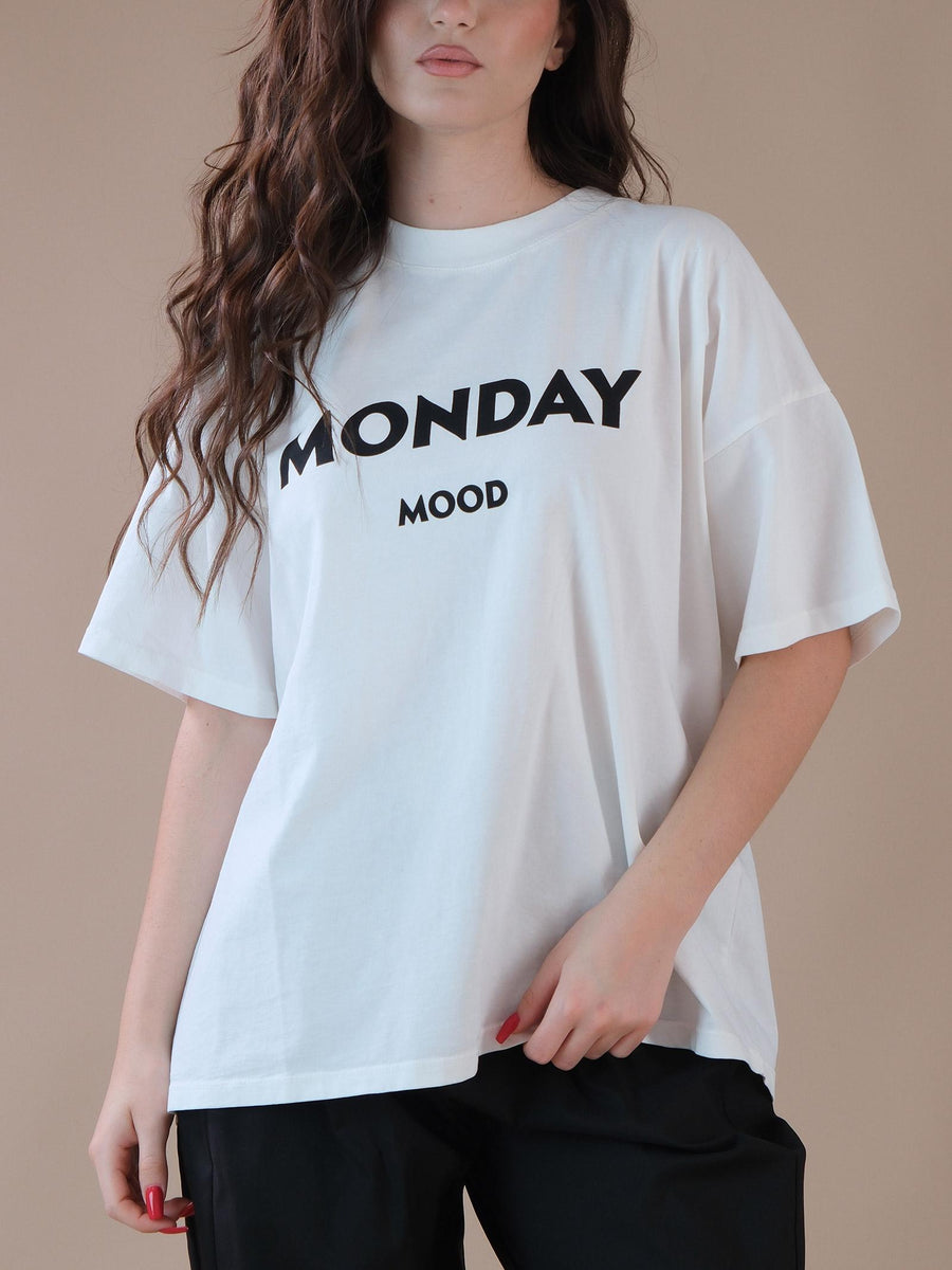 T-shirt bianca con scritta nera "Monday mood" RB0776 BIA Vicolo 