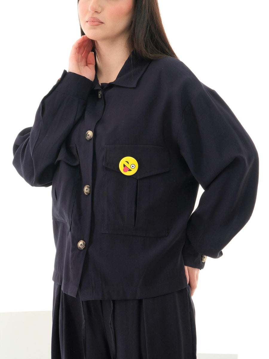 Camicia Vicolo blu navy con tasconi frontali e spilla emoticon TD1078 BLU Vicolo 