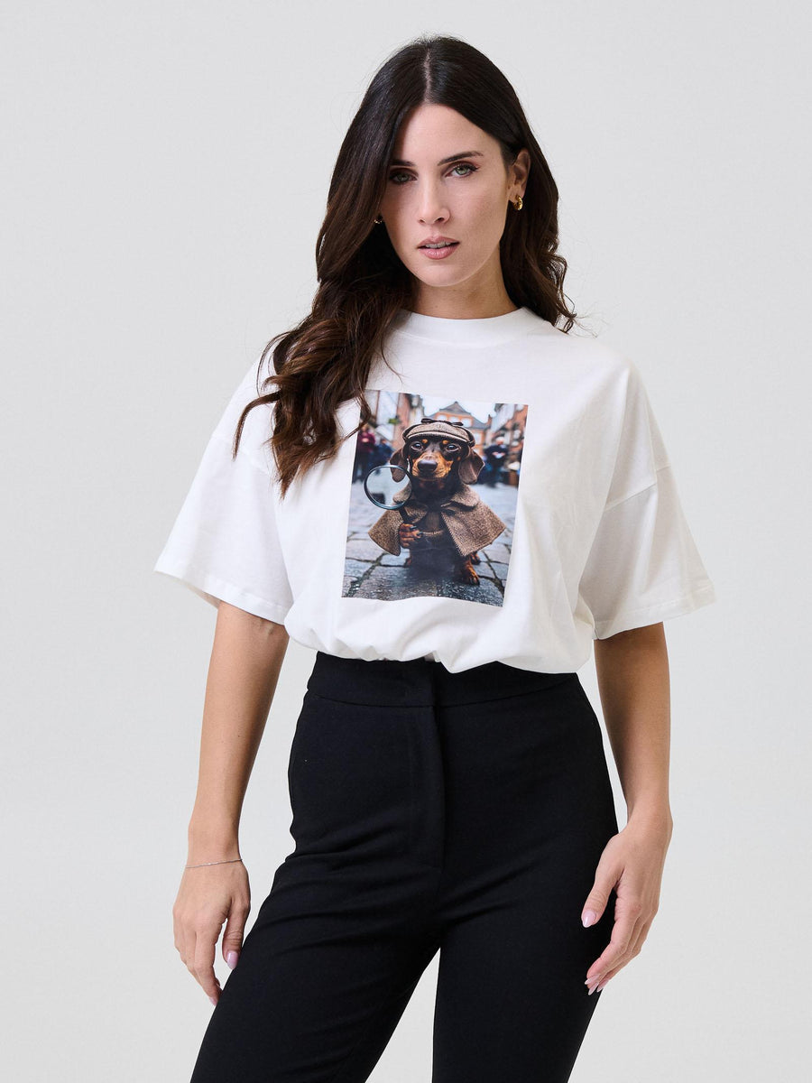 T-Shirt Vicolo bianca con stampa bassotto RF0420 UNI Vicolo 